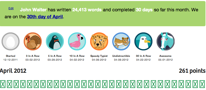 Screen shot of 750words.com showing I'd completed the April Challenge.